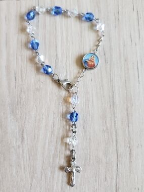 Blue and Clear Crystal Rosary‎ Bracelet with Cross